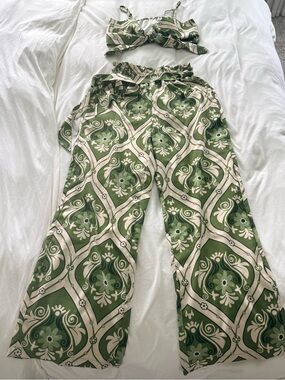 Cider Green & Cream Printed High-Rise Wide Leg Pants and Top - 2 piece set